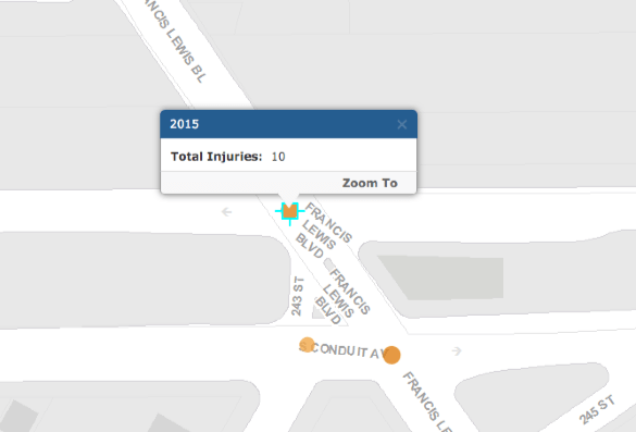 Motorists injure dozens of people a year at the Queens intersection where a driver killed 16-year-old Alexa Smith. Image: DOT Vision Zero View
