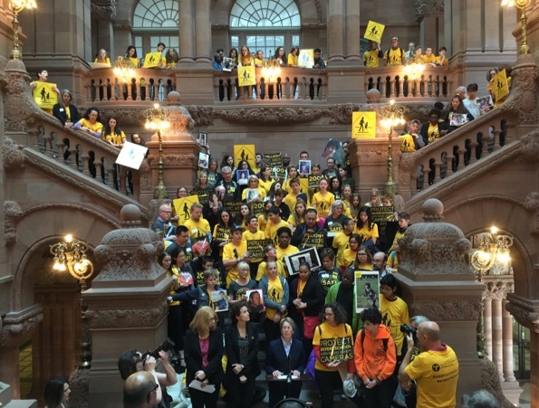 “Not one more.” Street safety advocates and students join Assembly Member Deborah Glick in calling on Albany to allow speed cameras at every school in NYC. Photo: Brad Aaron