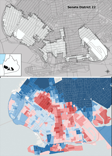 In case you're crunching numbers, the map of State Senate District 22 is above and the map of the area showing the 2016 presidential vote is below. Election districts that Trump won are in red.