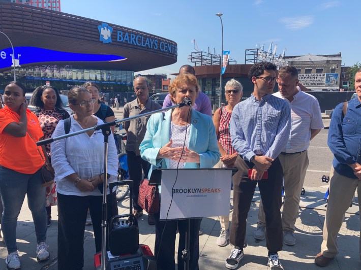 Assembly Member Jo Anne Simon demands the state hold the developers for Pacific Park accountable. Photo: Julianne Cuba