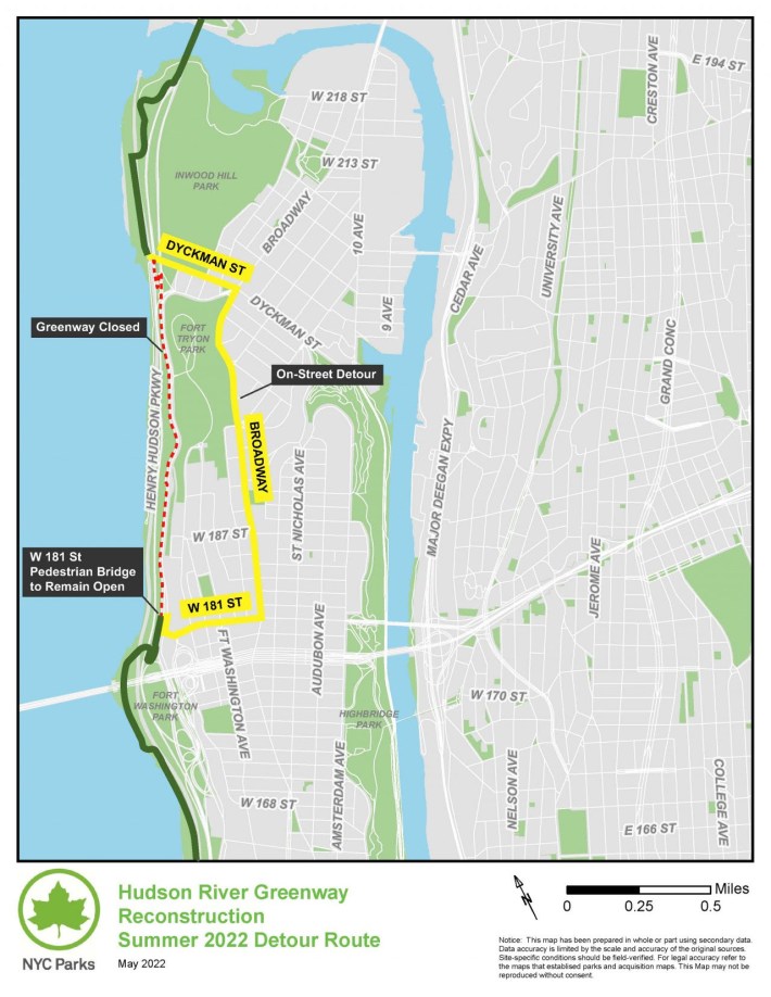 The city's map of the Hudson Greenway detour.